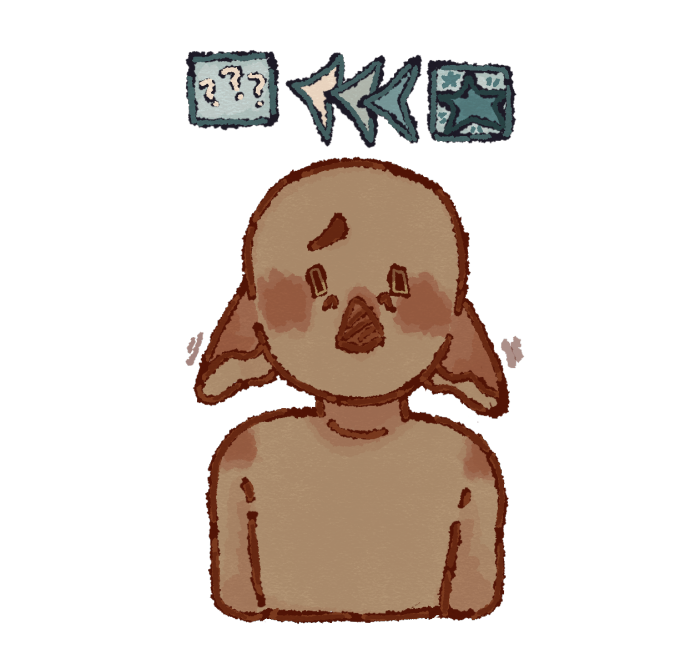 A drawing of a clay colored person with long elf like ears that are pointed down. The person has a distressed expression on their face. Above the clay persons head that is a pink  box with a star in it that has three arrows pointing forwards at a light pink box with question marks in it..